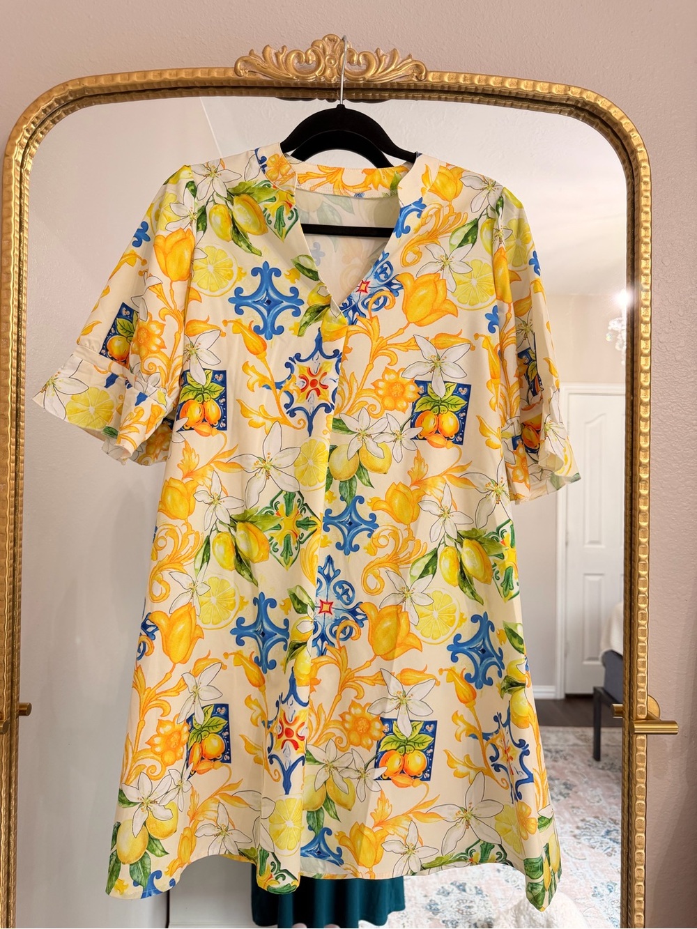 SHEIN White Yellow Blue Lemon Print V-Neck Blouse